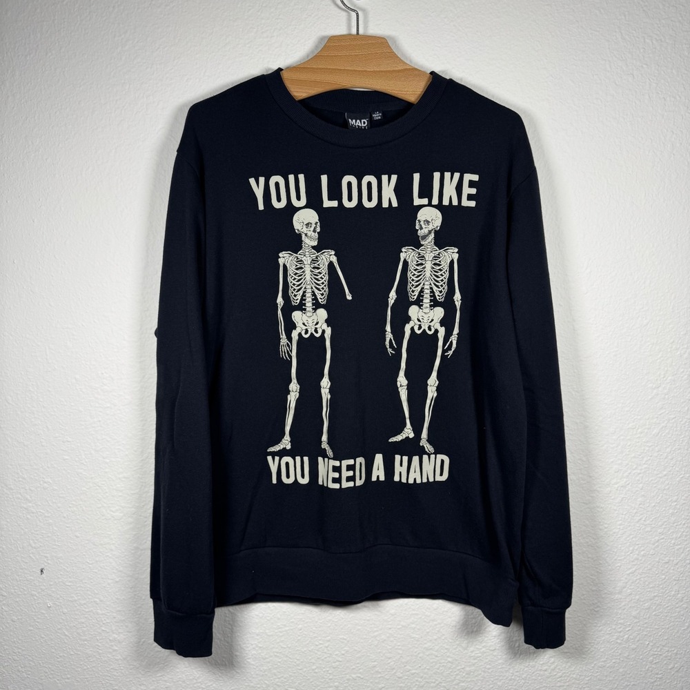 Mad Engine Skeleton Graphic Sweatshirt Mens Large Black You Need A Hand Crewneck